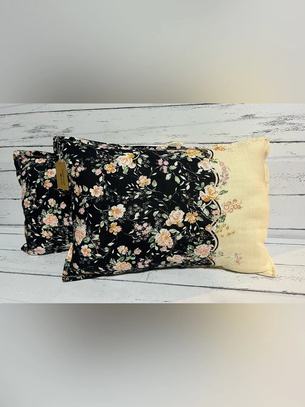 Set of 2 Handmade Sewn Floral Pillows Black Cream Cottage Farmhouse New